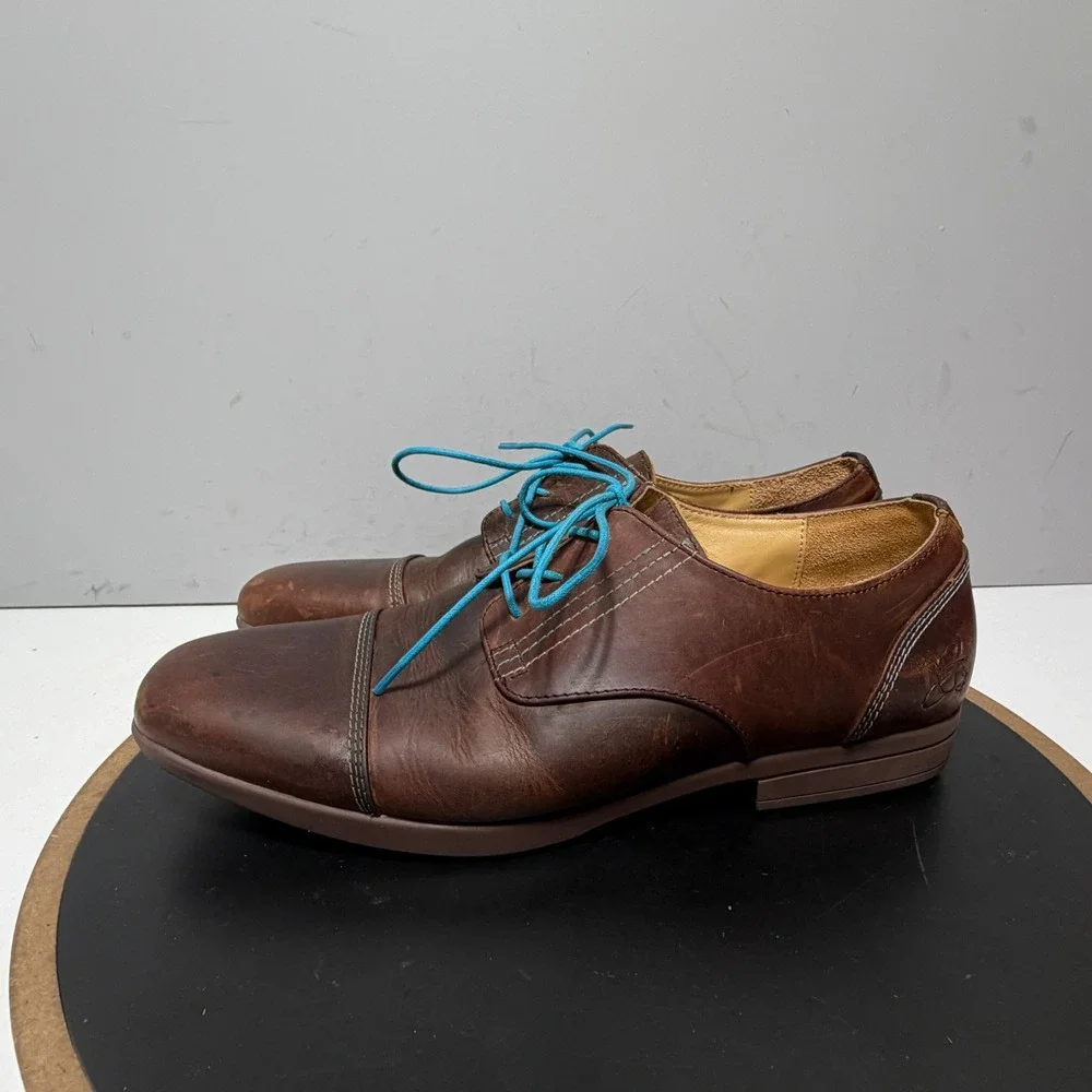 John Fluevog Cap‎ Toe Oxford Men Size 11 Leather Lace Up Brown Blue Minimalist